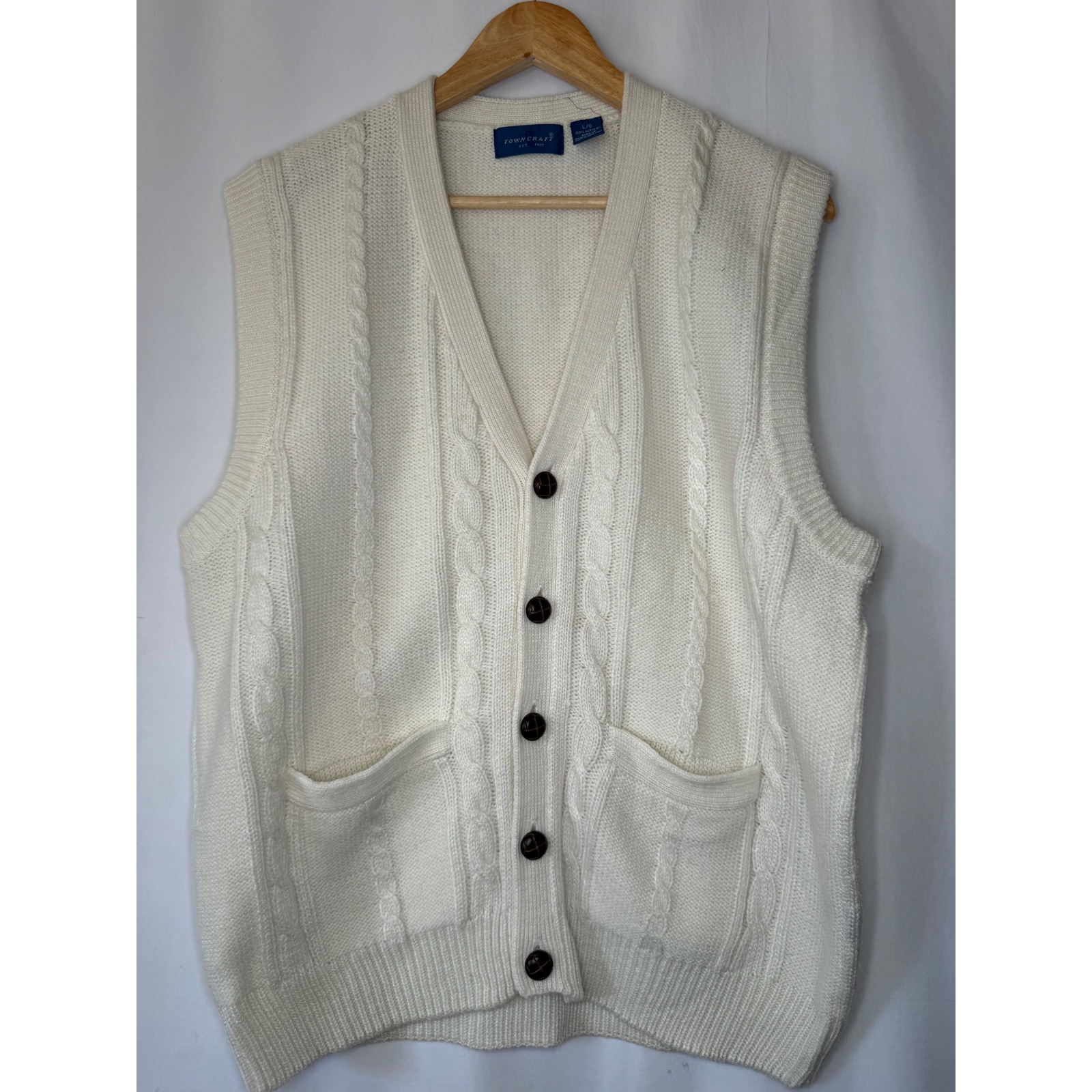 Vtg Towncraft Mens Cream Cable Knit Cardigan Vest Button Front V-Neck Large